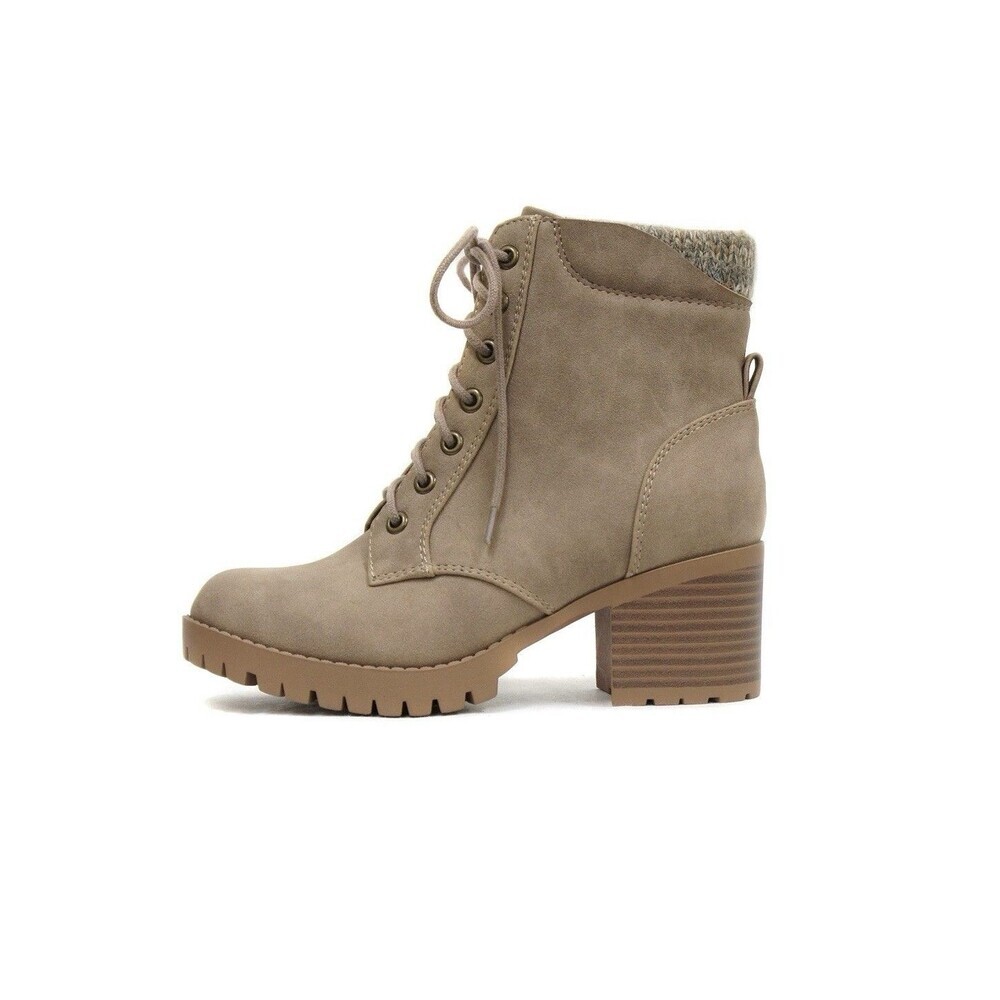 Soda Women Chunky Heel Combat Ankle Boot Lace Up Side Zipper TAUPE Wide Fit NIB